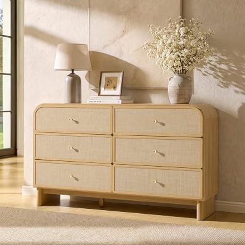 Rattan Dresser for Bedroom, 55.1" Wide Curved 6 Drawer Dresser