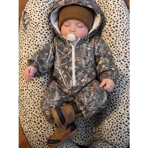 SHEIN Baby Boy Autumn/Winter Casual Branch Print Zip-Up Hooded Warm Jumpsuit