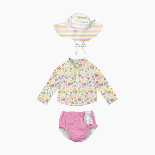 GREEN SPROUTS UPF 50+ Snap Swim Diaper & Rashguard Set with Hat - Light Pink/Multicolor Flower Garden/Rainbow Pinstripe, 0-6 Months