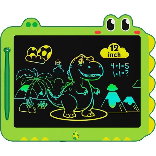 12 Inch LCD Doodle Board Tablet Toy - Green Dinosaur Drawing Pad for Kids 3-6 Years Old - Christmas and Birthday Gifts