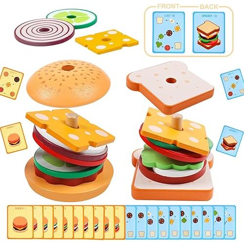 Montessori Toys for 2, 3 Year Old, Wooden Burger Sandwich Stacking Toys for Toddler Educational Toys Fine Motor Skills Foods Preschool Learning Blocks Gifts Boys Girls