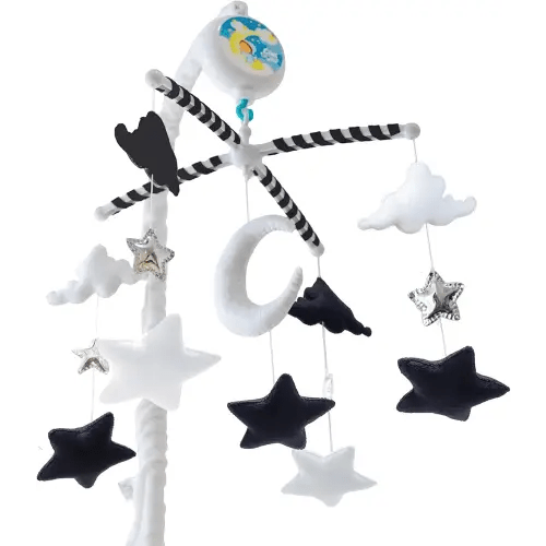 Starry Night Mobile - Cloud and Star Mobile with 12 Piano Lullabies - Black and White Baby Crib Mobile for Boys & Girls