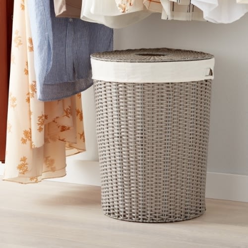 Grey Montauk Round Hamper | The Container Store