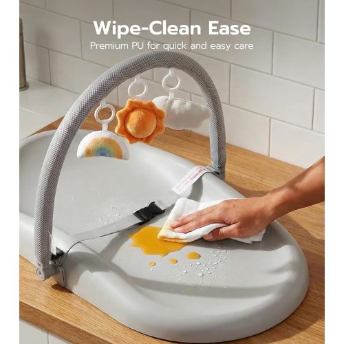 Mallify Wipe-Clean Baby Changing Pad, Waterproof Durable PU Pad, Soft & Non-Slip Safety Belt & Hanging Toys, Easy to Adjust & Removable Bar, Gray