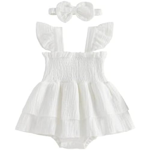 Kavousa Newborn Baby Girl Clothes Summer Smocked Romper Short Sleeve Jumpsuit And Headband Outfit Cute Infant Clothing