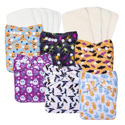 Babygoal Halloween Cloth Diapers 6 Pack with 10 Inserts, Baby Reusable Adjustable Washable One Size Pocket Nappy Covers