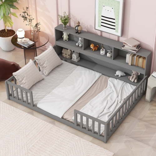 Mirightone Full Size Floor Bed with Rails, Wood Montessori Floor Bed with Bookcase and Shelves, Full Bed Frame, Gray