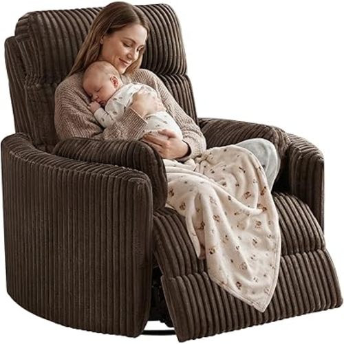 SUNWAVE 40" Oversized Nursery Rocking Recliner Chair, Power Swivel Nursing Chair with Electric Headrest & Anti-Pinch, 160° Lay-Flat Corduroy Rocking Chair Nursery with USB/Type-C