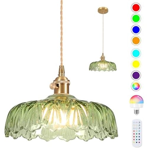 Battery Operated Pendant Light,Vintage Light Fixtures RGB Light Bulb 2500mAh 9.4in Green Modern Chandelier with Remote Control Wireless Adjustable Rechargeable Chandelier for Kitchen Island 1Light