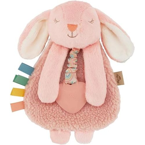Itzy Ritzy - Itzy Lovey Including Teether - Baby Lovey with Teether, Textured Ribbons & Dangle Arms - Features Crinkle Sound, Sherpa Fabric and Minky Plush (Pink Bunny)