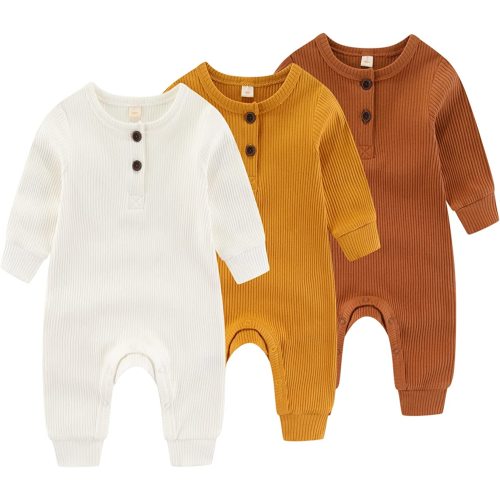 Newborn Baby Boys Girls One Piece Romper With Mitten Cuffs 3 Pack Long Sleeve Ribbed Button Jumpsuit Outfit Clothes