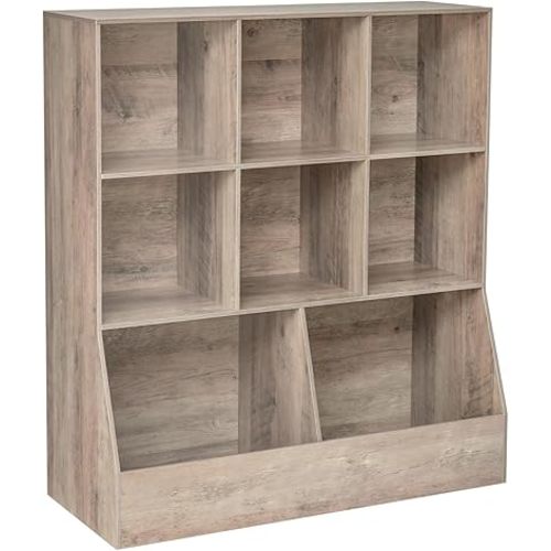 DINZI LVJ Toy Storage Organizer, Kids Bookshelf, Wood Toy Storage Cabinet, 3-Tier 8 Cubby Children Bookcase, 35.4" L Toddler Book Shelf for Playroom, Living Room, Nursery, Hallway, School, Greige