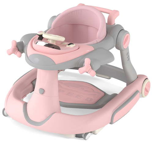 AILEEKISS 5-in-1 Musical Baby Walker with Wheels, Foldable Baby Walker for Boys Girls, Pink Grey