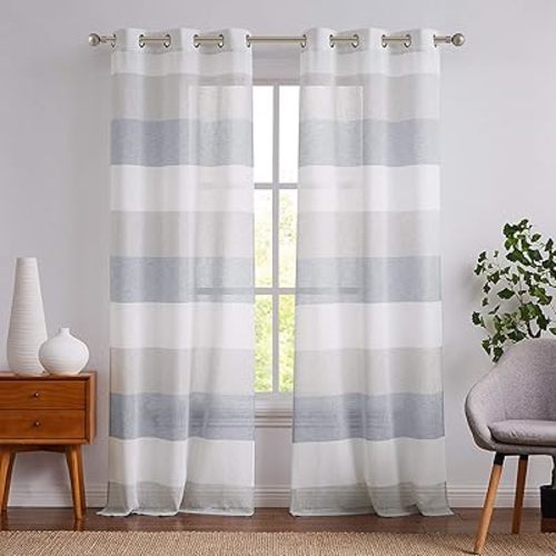 Central Park Gray and Smoke Blue Stripe Sheer Color Block Window Curtain Panel Linen Window Treatment for Bedroom Living Room Farmhouse 84 inches Long with Grommets, 2 Panel Rustic Drapes