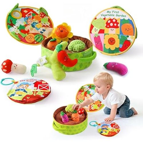 Montessori Toys for Babies 6-12 Months, Plush Vegetable Garden Sensory Sorting Toy with Storage Base, Soft Plush Farm Harvest Game for Fine Motor Skills, Perfect Baby Boys Girls Gift 0-2 Year Old