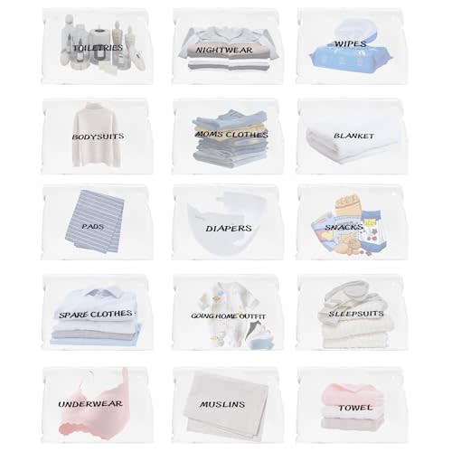 15Pcs Hospital Bags for Women Labor and Delivery,Diaper Bag Organizing Pouches, Maternity Hospital Bag Essentials(11 x 14 Inch)