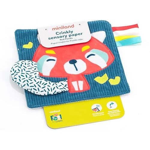Miniland Feel to Learn Crinkly Sensory Paper Red Panda for Infant & Toddlers. Multicolored teether with Soft Touch