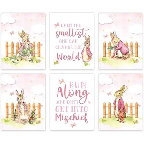 Andaz Press Peter Rabbit Theme Girls Nursery Kids Bedroom Unframed Hanging Wall Art Poster Room Decor, 8.5x11-inch, Pink, Change the World, Run Along and Don't Get Into Mischief, 6-Pack, No Frames