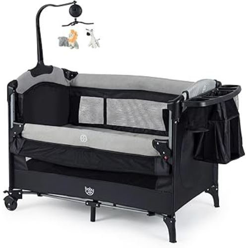 BABY JOY 5-in-1 Pack and Play, Baby Bedside Sleeper with Bassinet, Portable Baby Playard with U-Shaped Diaper Changer, Safety Strap, Multifunction Baby Bassinet Bedside Crib from Newborn to Toddlers