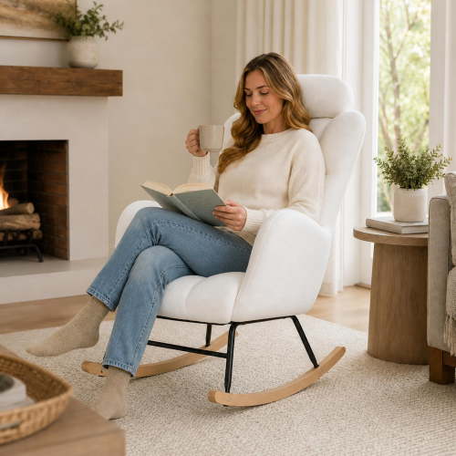 Paproos Modern Teddy Fabric Rocking Chair, White, Ergonomic Glider Rocker, Durable Foam Seat