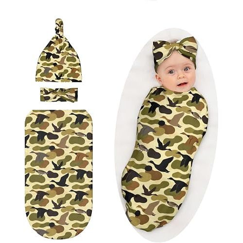 Camo Hunting Baby Stuff Swaddle Blanket with Headband and Beanie Set, Newborn Receiving Blanket Outfit Infant Shower Gift for Boys Girls