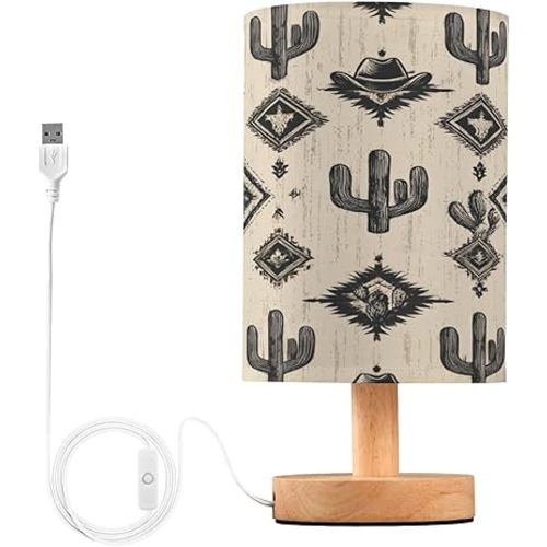 Western Cowboy Cactus LED Table Lamp for Bedroom Bedside Lamp with USB Charging Ports Decor Nightstand for Living Room Reading Dorm Desk Home Office
