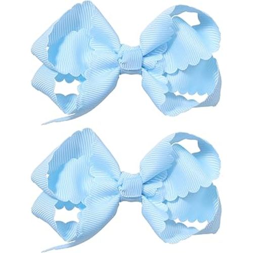 2Pcs Small 3 Inch Dressy Bow Alligator Clips for Girls Light Blue Grosgrain Ribbon Scalloped Hair Bow for Teen Toddler Baby Flower Girls Back School Birthday Summer Wedding Gift