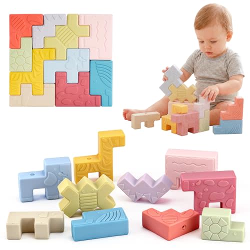 Satlwe 10 Soft Animal Stacking Blocks for Babies 6-12 Months, Montessori Toys for 1 2 Year Old Girls & Boys, Building Blocks Game Teething Toys for Babies Birthday Gifts, Shapes & Colors