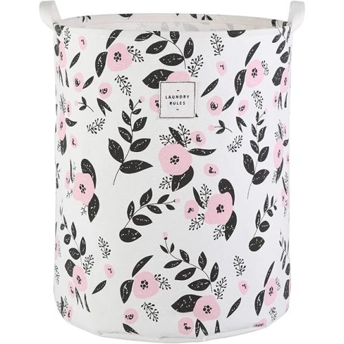 Large Foldable Laundry Basket Hamper Holder Portable Tall Collapsible Laundry Hamper Nusery Storage Basket Bin with Handles, Canvas & Waterproof lining for Household Items (Floral Pink)