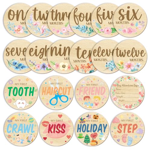 10PCS Baby Monthly Milestone for Photo Props, Double Sided Wooden Monthly Milestone Photo Cards for Baby Announcement Newborn Shower Gifts Party, First Experience Milestones Signs Discs