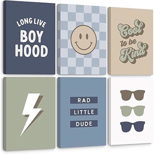 Boy Nursery Wall Art Decor Toddler Baby Boy Room Canvas Pictures Blue Cool Nursery Poster Teen Playroom Prints Long Live Boyhood Artwork for Kids Bedroom 12x16 Inch Wrapped Canvas Set of 6