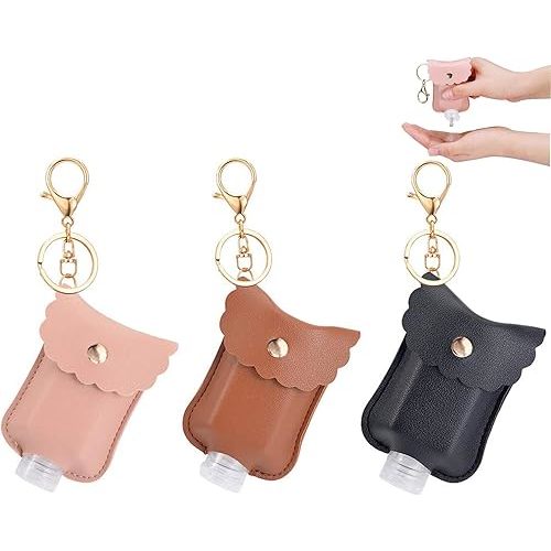 LDIWEE Hand Sanitizer Holder, 3 Pack Mini Hand Sanitizer Bulk Holder, Portable Squeeze Bottles 2oz with Leather Case Keychain