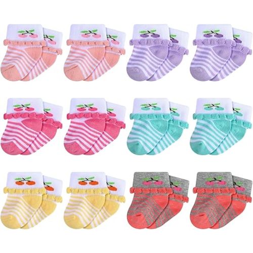 Toulite 12 Pairs Preemie Newborn Baby Ankle Socks Ruffle Turn Cuff Cotton Non-slip Warm Socks for Girls and Boys Infant