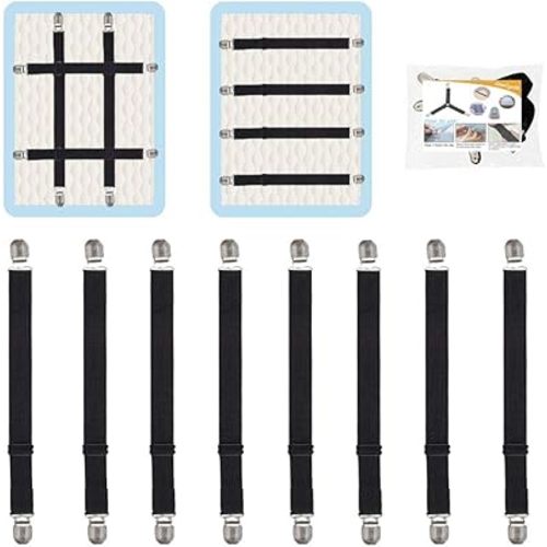 Adjustable Bed Sheet Straps Clips, Elastic Mattress Sheet Fasteners Holder and Suspenders, Grippers to Hold Sheet, Mattress, Sofa, Couch, Table Cloth, Ironing Board Cover, 8Pcs, Black