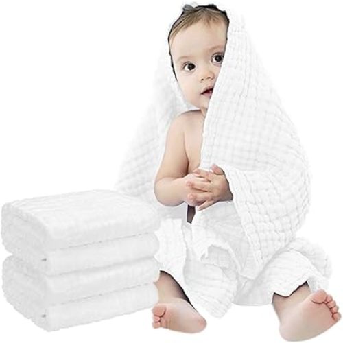FOOK FISH Muslin Baby Towel Super Soft and Absorbent Cotton Baby Bath Towels 2 Pack 6 Layers Infant Newborn Blanket Toddler and Kids Large 40 x 40inches (White)