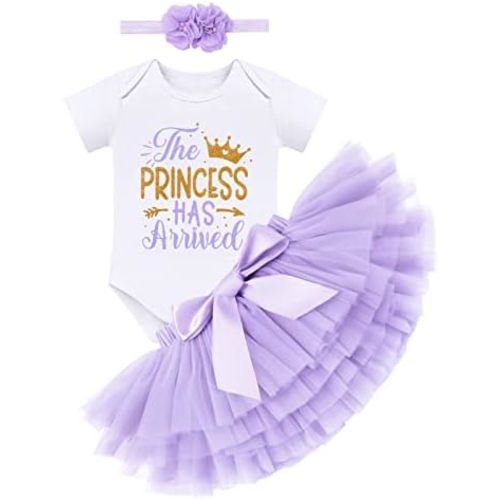 Newborn Baby Girls Coming Home Outfit Princess Romper + Tutu Skirt + Flower Headband Shiny Clothes Set for Photo Shoot