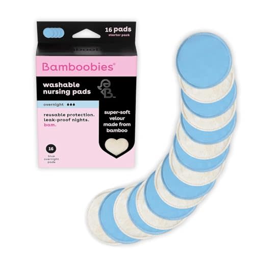 Bamboobies Soft Reusable Overnight Nursing Pads for Breastfeeding, 16 Count | Thicker overnight core absorbs heavy leaks while you sleep, in ultra soft bamboo velour. Washable and reusable day or night.