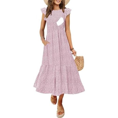 Women's Nursing Dress Flutter Short Sleeve Crew Neck Smocked Elastic Waist Tiered Midi with Pockets