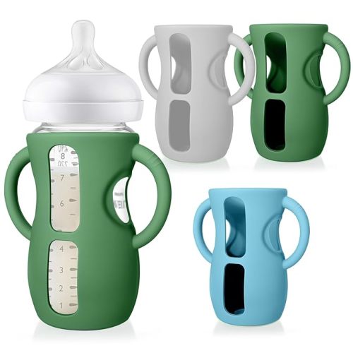 Juome Silicone Sleeves with Handles for Avent Natural Glass Baby Bottle - 3 Pack Anti Breakage Holder for Phillips Avent Baby Bottles, Compatible with Philips Avent Anti Colic Baby Bottles 8 oz