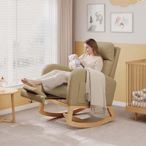 Modern Teddy Fleece Nursery Rocking Chair - High Back Glider with Pillow, Side Pockets for Bedroom & Nursing Room