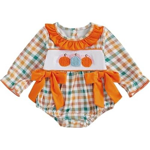VSQWLZT Baby Girl Halloween Embroidered Pumpkin Plaid Onesie | Newborn Infant Halloween Outfits Embroidered Pumpkin Onesie Long Sleeve Gingham Smocked Bubble Romper