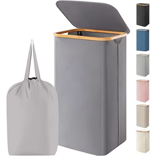 Lifewit 100L Laundry Basket with Lid, Clothes Hampers for Laundry with Bamboo Handles and 1 Removable Bag, Large Foldable Laundry Hamper for Bedroom, Bathroom, Dorm, Laundry Room, Gray
