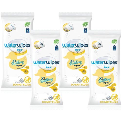 WaterWipes Plastic-Free XL Bathing Wipes for Toddlers & Babies, 99.9% Water Based Wipes, Unscented & Hypoallergenic for Sensitive Skin, 16 Count (4 pack), Packaging May Vary