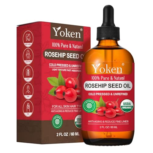 Yoken Organic Rosehip Seed Oil for Face, Skin & Hair, Cold Pressed, 2 fl oz | Rose Hip Seed Oil for Face Skin Hair Body and Nails Natural Moisturizing Carrier Oil with Vitamin E and Essential Fatty Acids