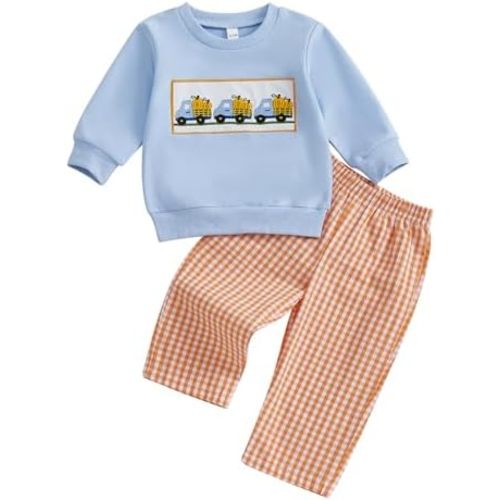 Adobabirl Baby Boy Thanksgiving Outfit Turkey Football Sweatshirt Plaid Pants Set Infant Toddler Thanksgiving Fall Clothes
