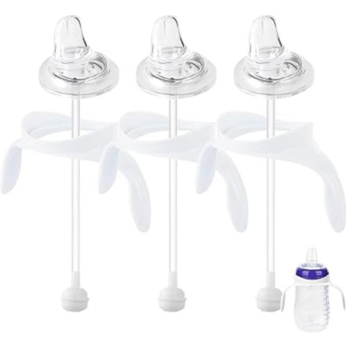 Sippy Cup Conversion Kit for Lansinoh Baby Bottles, Soft Straw Top and Weighted Straw Transition Kit with Handles, Set of 3