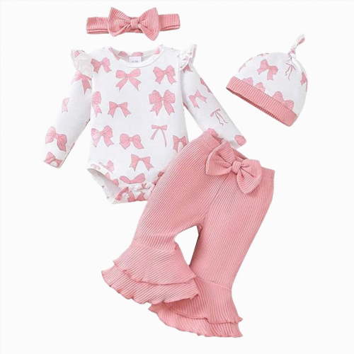 Gvdentm Preemie Baby Girl Clothes 3 Months Romper Fall Winter Outfits Gifts for Girls Cute Bell Bottoms Pant Sets(White,9-12 Months)