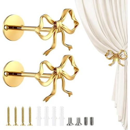 2 Pcs Metal Bow Curtain Holdbacks, Gold Curtain Tiebacks Wall Mounted for Office, Girls Bedroom Living Room Home Decorative