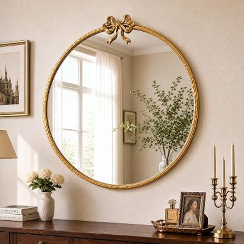 24 Inch Gold Circle Mirror, Bow Round Wall Mirror Vintage Gold Decor