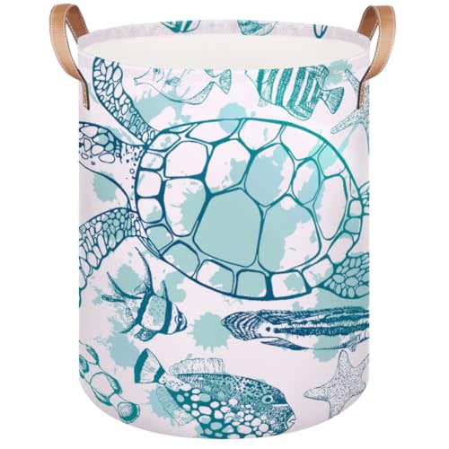 Large Laundry Hamper Basket Ocean Theme Round Freestanding Clothes Basket, Sea Turtle Collapsible Storage Organizer Bin with Leather Handles for Dirty Clothes Toys, Nursery Home Storage 16"W x 20"H